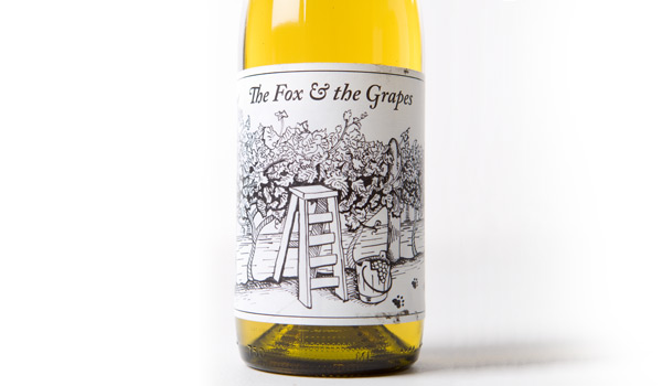 wine label with fox eating grapes in vineyard